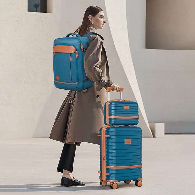 Joyway Expandable Carry on Luggage Sets Airline Approved, Lightweight Hard Shell 20 Inch Carry-on Suitcase with Spinner Wheels, Blue Brown
