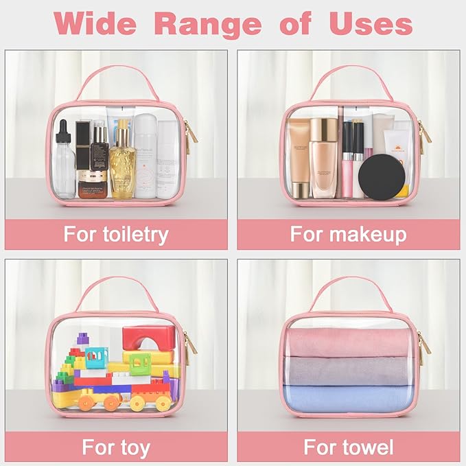 Wedama TSA Approved Toiletry Bag, 4 Pack Clear Makeup Bags with Handles, Quart Size Toiletry Bags, PVC Clear Cosmetic Bags for Women and Men, Carry on Airport Airline Compliant Bag, Pink