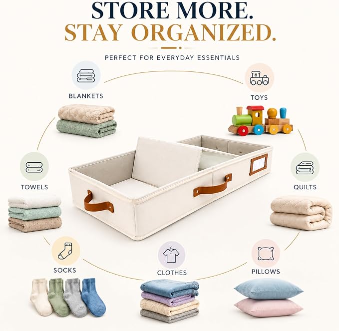 Under Bed Storage, Large 2pc with Lid, Ivory | Drawer-style pull-out design, Fits blankets, clothes, fabric & shoes, Bins with lids, Bedroom & closet storage
