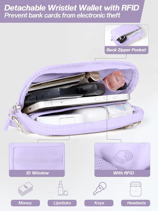 Tiostep Clip and Go Strap for Phone with Wallet Crossbody Phone Lanyard Adjustable and Detachable RFID Wristlet Wallet with ID Window and Zipper, Purple Large.