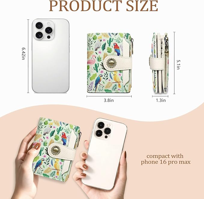 Icycay Flamingo Parrot Wallet Women Small RFID Blocking Bifold, Credit Card Holder, Zipper Coin Pocket, Cute, PU Leather, Compact, Travel, 14 Card Slots, Cash Purse, Ladies Woman Female Girls