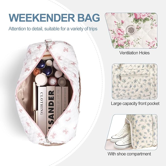 Gym Bag for Women, Cute Duffle Bag, Quilted Duffle Bag for Travel, Floral Duffle Bags, Weekend Bag with Zipper Pocket Dance Bag Organizer