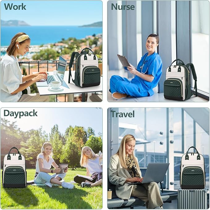 Laptop Backpack for Women Work Bag - 15.6 inch Travel Backpack with USB Charger Business Computer Backpacks for Work College Back pack for Teacher Casual Waterproof Bookbag for Nurses Beige Green