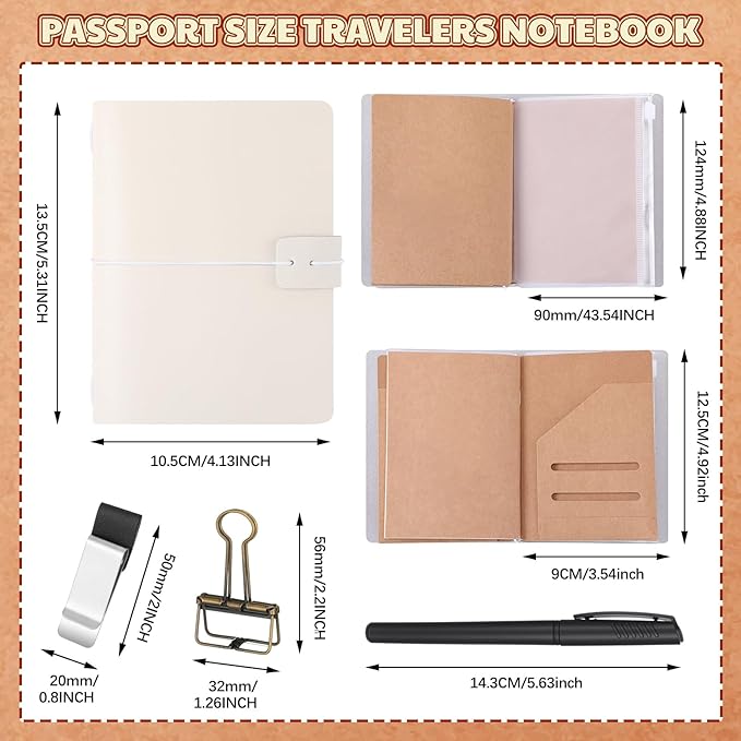 Thenshop Travelers Refillable Leather Journal Notebook Travel Diary Handmade Passport Travelers Journal for Men and Women with 3 Notebook Inserts, Pen Holder, Binder Clip(White,Passport Size)