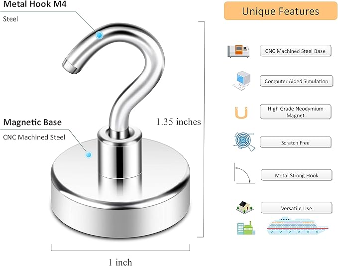 Neosmuk Magnetic Hooks,Heavy Duty Earth Magnets with Hook for Refrigerator, Extra Strong Cruise Hook for Hanging, Magnetic Hanger for Curtain, Grill(Silver, 6 Pack)