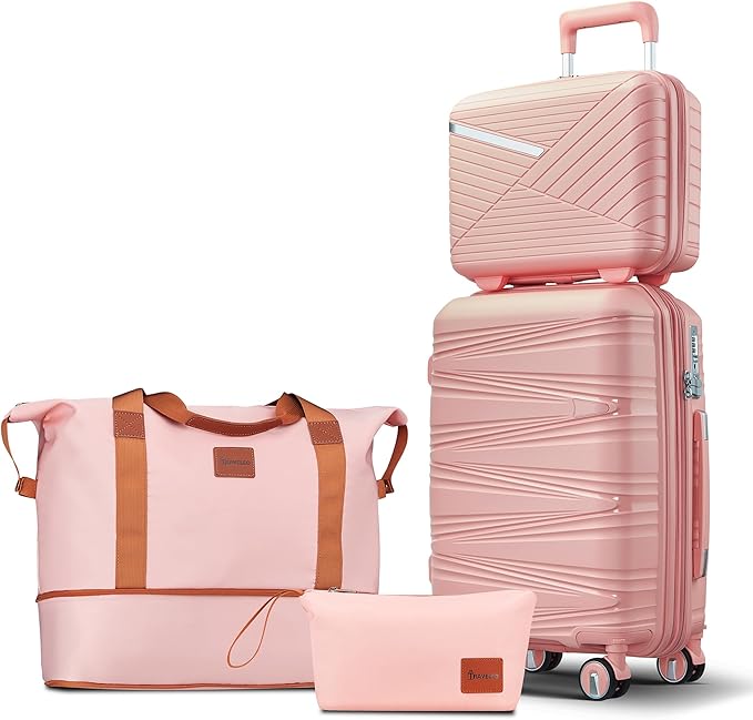 4 Piece Carry On Luggage Set 20 Inch, Expandable PP Hardshell Suitcase with Detachable Spinner Wheels & TSA Lock, Includes Cosmetic Case, Travel Tote & Toiletry Bag, Lightweight (Pink)