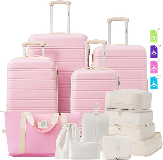 Merax Luggage sets of 13 Piece 16 20 20 28 IN Carry on Luggage Hard Case Light Pink Luggage Expandable Checked Luggage Suitcase Set with Wheels