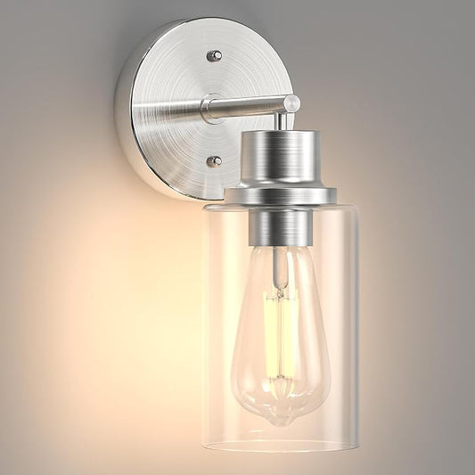 1 Pack Brushed Nickel Bathroom Wall Sconce with Clear Glass Shade, Modern Vanity Light Fixture Over Mirror for Bathroom, Bedroom, Hallway, Living Room