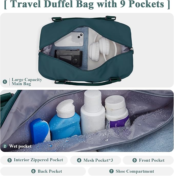 Travel Duffel Bag with Shoes Compartment, Carry on Overnight Weekender Bags for Women, For Spirit Airlines 18x14x8 Personal Item Bag