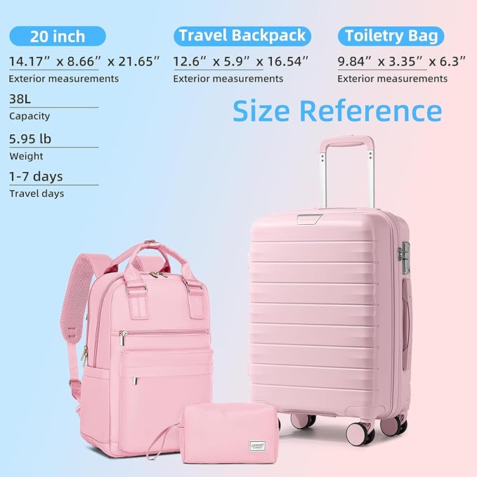 LARVENDER Luggage Sets 3 Piece, Hardside PP Carry On Suitcase with 360° Spinner Wheels TSA Lock Luggage Sets for Women, Orchid Pink