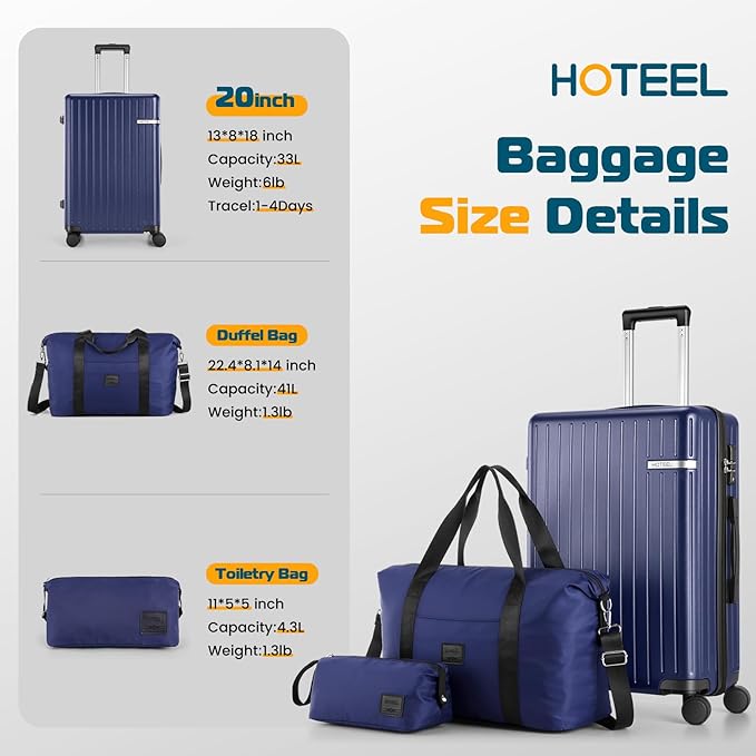 Hoteel Luggage Sets 3 Piece, 4-Yr Warranty, PC+ABS Suitcases with Wheels and Side Hook, Hardshell 20 inch Luggage with Duffel Bag Travel Bag, Dark Blue