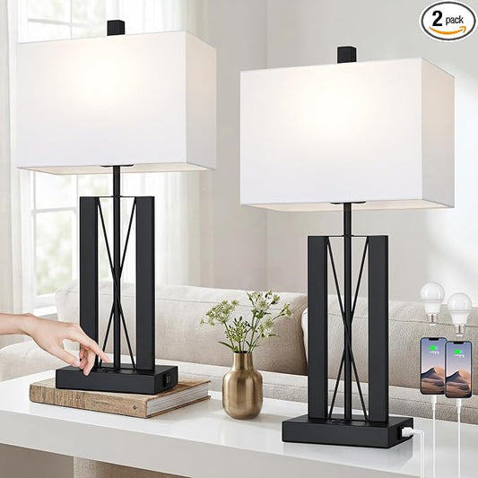 Lolikit 25" Table Lamps for Living Room Set of 2, Modern Table Lamp with 2 USB Charging Ports, Nightstand Geometric Bedside Lamp with White Shade for Bedroom End Table Desk Office(2 LED Bulb Included)