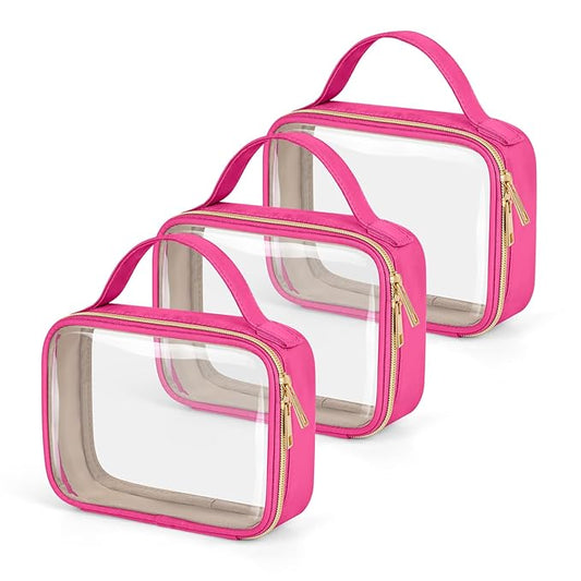 Wedama TSA Approved Toiletry Bag, 3 Pack Clear Makeup Bags with Handles, Quart Size PVC Clear Cosmetic Bags for Women and Men, Carry on Airport Airline Compliant Bag, Rose Red