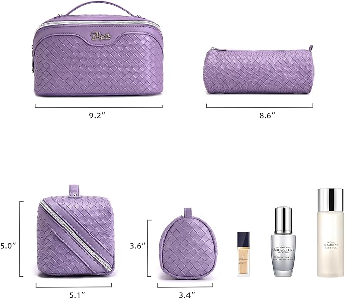 BOYATU Travel Makeup Bag Cosmetic Bags for Women: Large Capacity 3 Pcs Set Make up Bag with Compartments - Waterproof Vegan Leather Toiletry Organizer Bags with Handle (L01 Purple)