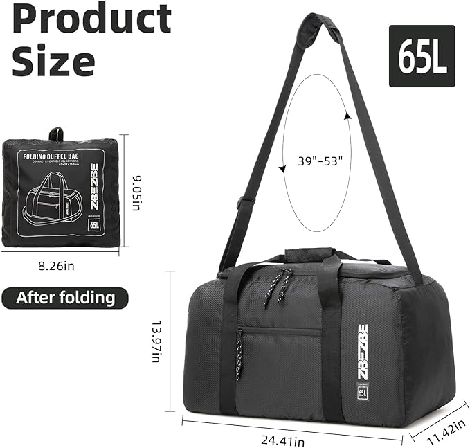 Foldable Travel Duffel Bag, Lightweight & Easy to Carry Water-Repellent Duffle Bag - 2-Way Zipper & Interior Pouch, Ideal for Weekend Trips, Daily Use,Camping，Sports