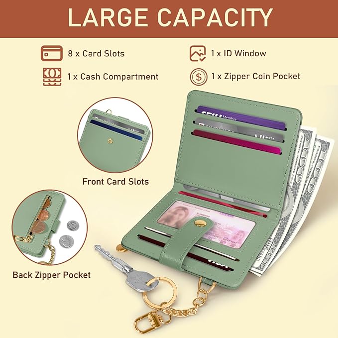 Jogjam Green Rfid Ladies Wallet, Small Slim Thin Compact Credit Card Women Wallet, PU Leather Bifold Cash Zipper Coin Pocket ID Window for Female