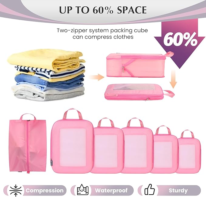 Ultralight Compression Packing Cubes for Suitcases Carry on，Compressible Mesh Packing Cubes for Travel Women Travel Essentials with Shoe Bag 6 Set (Pink)