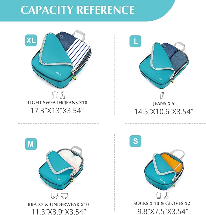 Gonex Compression Packing Cubes, 4pcs Expandable Storage Travel Luggage Bags Organizers (Blue)