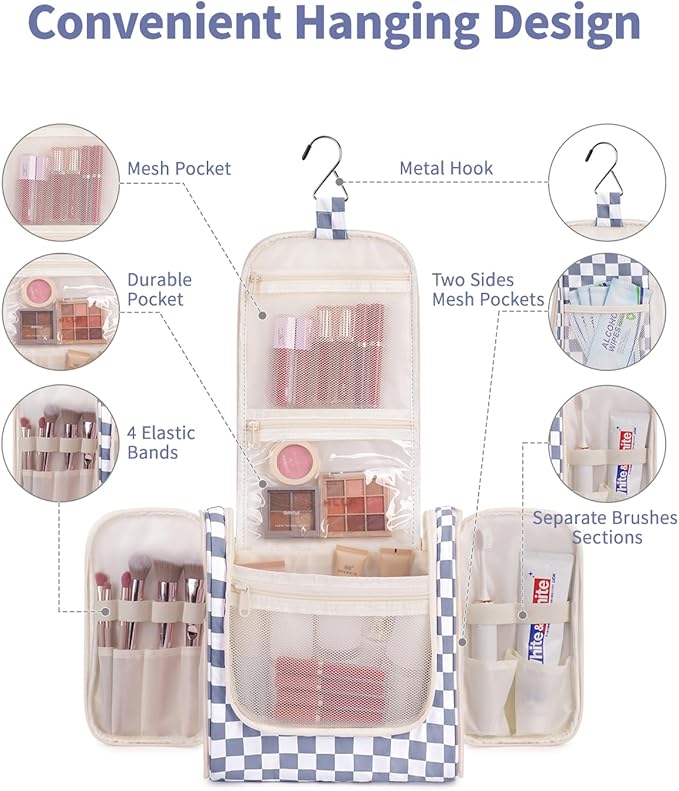 Narwey Checkered Hanging Travel Toiletry Bag for Women, Travel Bag for Toiletries, Makeup Bag Organizer Cosmetic Bags Make Up Bags for Women (Grayish Blue Checkerboard)