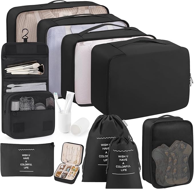 Packing Cubes 11 Set, Suitcase Organizers, Luggage Organizer Bags, with Toiletry Bag, Travel Essentials, Black