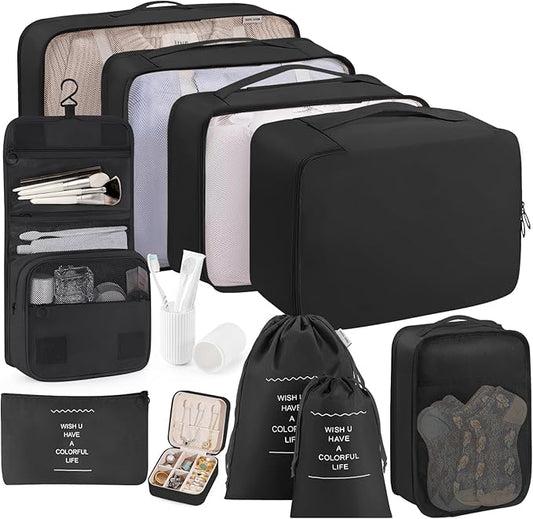 Packing Cubes 11 Set, Suitcase Organizers, Luggage Organizer Bags, with Toiletry Bag, Travel Essentials, Black