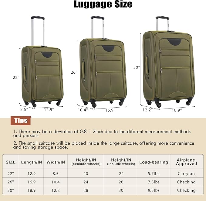 Merax Suitcase Set Softside 3-Piece Expandable Luggage with TSA Lock Spinner Wheels Lightweight Upright Luggage (22/26/30 IN,Army Green)