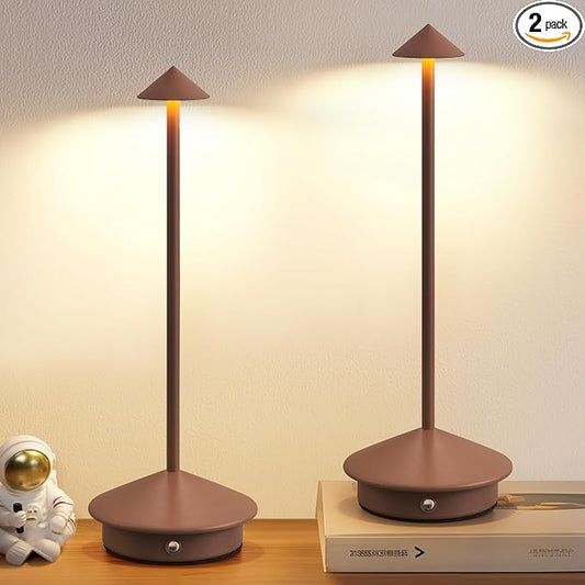 Modern Cordless Table Lamp Set of 2, Brown Portable LED Desk Lamps | 5000mAh, Rechargeable, Battery Operated Lighting for Bedroom, Dining Room, Restaurant, Coffee Shop, Camping, Night Light