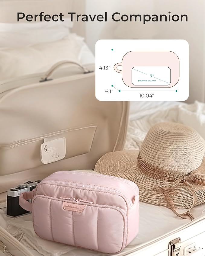 BAGSMART Travel Makeup Bag Organizer, Puffy Make Up Bag, Cosmetic Organizer Case for Travel Essentials Toiletries Accessories Bottles, Brushes (Pink)