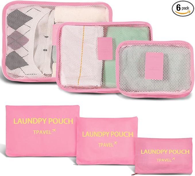 6 Set Packing Cubes for Travel Luggage Packing Bags Reusable Waterproof Suitcase Organizer Bags Set with Shoe Bag and Toiletry Bag (Pink)