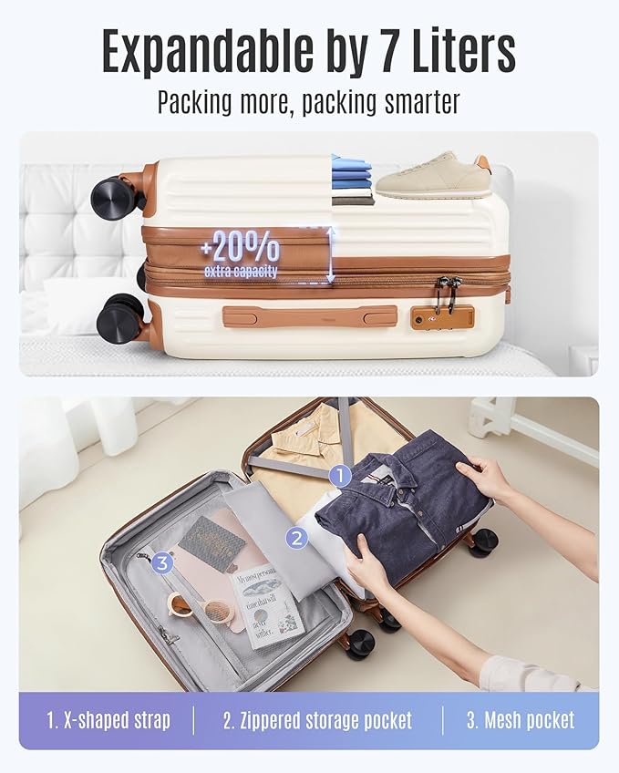 LIGHT FLIGHT 3-Piece Luggage Sets, Expandable Carry On Luggage 22x14x9 Airline Approved, Hardside Carry On Suitcases with Wheels, TSA Lock Travel Luggage Sets, Beige and Brown