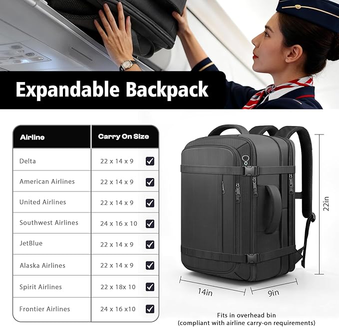 Roomy Carry On Backpack with LifetimeWarranty, Expandable Large Capacity Travel Backpack with USB Cable Port,Fits18.4" Laptop,Water Resistant Anti Theft Carry on Laptop Backpack,Flight Approve,Black