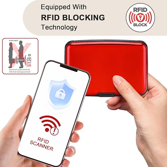 ELFISH Mini RFID Aluminum Wallet Credit Cards Holder Business Card Case Metal ID Case for Men Women (Red)