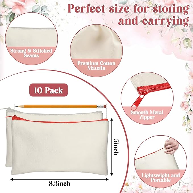 Legigo Blank Canvas Bag Zipper Pouch Makeup Bags Bulk - Multi-Purpose Canvas Pencil Pouch with Sturdy Zipper, Cosmetic Bag Travel Toiletry Bag for DIY Craft Projects, Storage (8.3 x 5 inches)