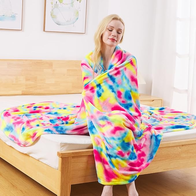 Flannel Colorful Blanket Queen Size for All Season - Premium Lightweight Anti-Static Super Soft Cozy Plush Rainbow Throw, Lightweight Microfiber Winter Warm Blanket 90" x 90"(Rainbow Queen)