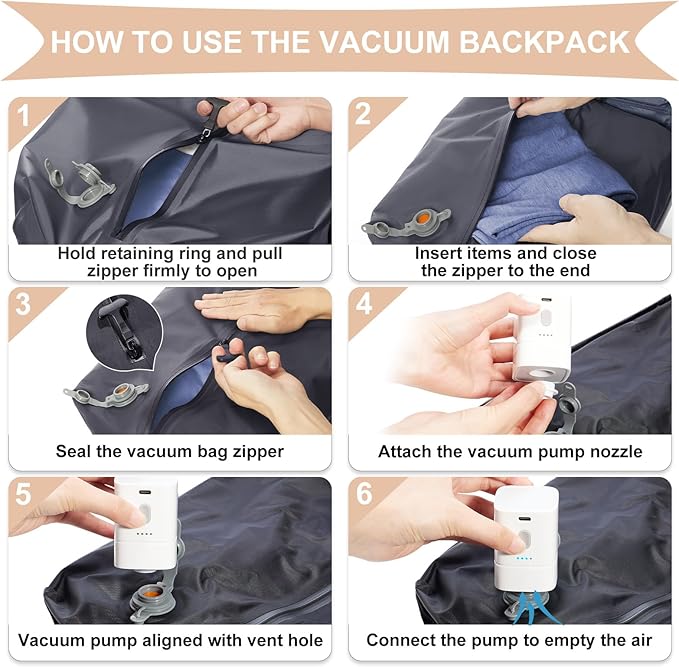 coowoz Vacuum Backpack Travel with Pump,Travel Backpack with Vacuum System For Women Men,Carry On Backpack,Hiking Backpack Waterproof Outdoor Sports Rucksack Casual Daypack,30L(Vacuum pump),Beige