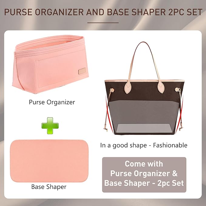 Doxo Purse Organizer Insert & Base Shaper 2pc Set, Felt Handbag & Tote Bag Fit LV Nererfull PM More(Pink,Medium-Combination)