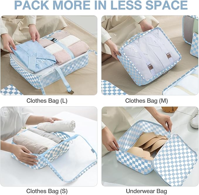 8 Set Packing Cubes for Suitcases,Packing Cubes with Shoe Bag, Cosmetics Bag, Clothing Bag, Accessories Bags Packing Cubes for Travel Luggage Organizer Women Men(Blue Checkered)