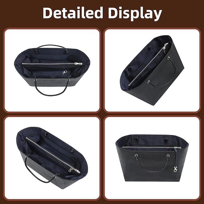 Doxo DupontPaper Purse Organizer Insert for Longchamp LePliage Large,Fixed Handle, Bag Shaper with Key Leash& 16 Compartments, Upgraded Elastic Cup Holder(Black Blue，L)
