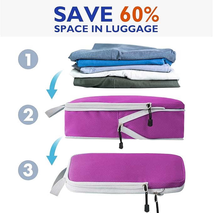 Compression Packing Cubes, 10 Set Packing Cubes for Travel Compression, Lightweight Compressible Package Organizer for Carry On and Suitcases, Purple and Grey