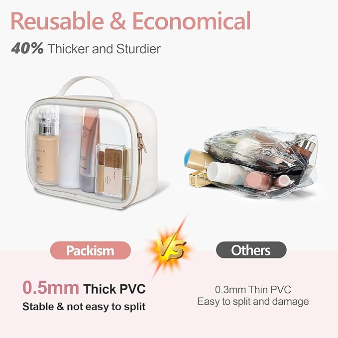 PACKISM Glitter Texture TSA Approved Toiletry Bag Set, Style Clear Makeup Bag with Handle, 1 TSA Medium & 1 Large for Travel, Gift for Women, White
