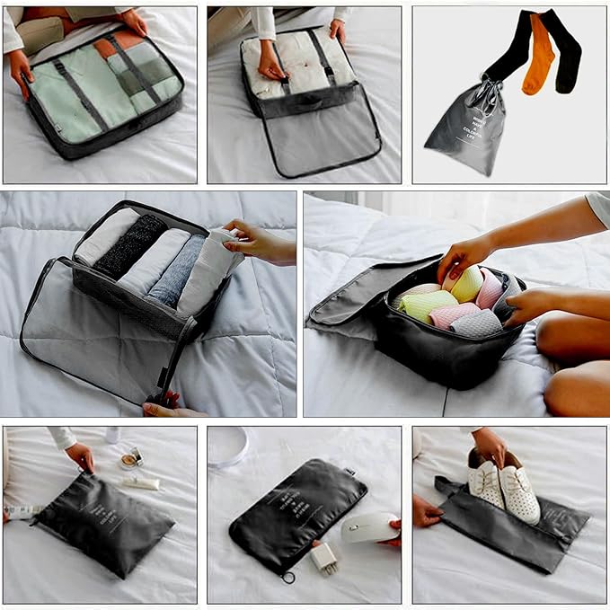 8 Pieces Mesh Packing Cubes for Travel, Luggage Packing Organizers Bags Set, Travel Essentials Suitcases Accessories with Laundry Bag, Storage Shoe Bag, Clothing Underwear Bag (Black, 8 set)