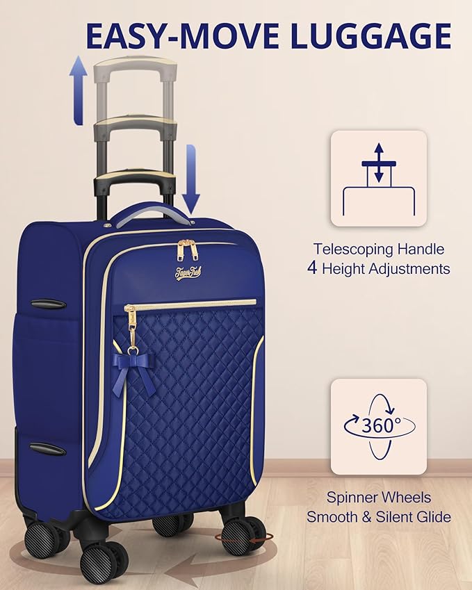 Carry On Luggage 22x14x9 Airline Approved, 20 Inch Softside Suitcase with 4 Pcs, Lightweight Luggage for Women with TSA Lock and 4 Spinner Wheels, Soft Side Carry-on Suitcases for Travel, Blue