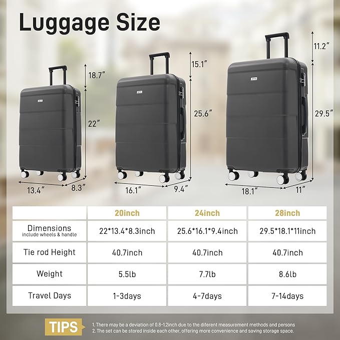 Merax Luggage Set, 3 Piece Hardcase Luggage with Double Spinner Wheels, Carry on Suitcase Airline Approved,20+24+28 inch,Charcoal