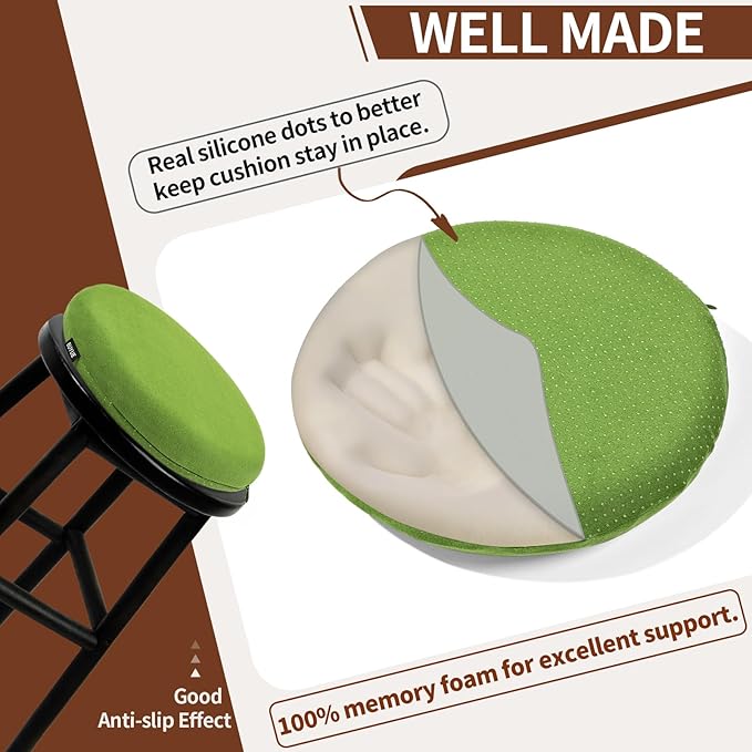 BUYUE Memory Foam Seat Cushion, Dia 13" Soft Velvet Round Stool Cushion Anti-Slip Chair Pads, S, Green