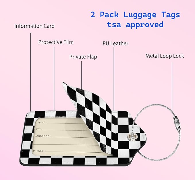 2P Black White Plaid Lines Race Grid Checkered Flag Luggage Tags Privacy Cover ID Label with Stainless Steel Loop and Address Card for Travel Bag Suitcase Funny Cute Man Women Kids