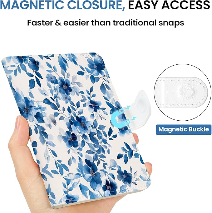 Passport Holder for Travel Essentials, RFID Blocking Leather Cover Wallet with Magnetic Closure, Aesthetic & Cute Passport Book Case for Women and Men - BlueFloral