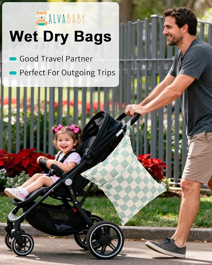 ALVABABY 3 pcs Cloth Diaper Wet Dry Bags Waterproof Reusable with Two Zippered Pockets Travel Beach Pool Daycare Soiled Baby Items Yoga Gym Bag for Swimsuits or Wet Clothes Small Medium Large 3L-SML16