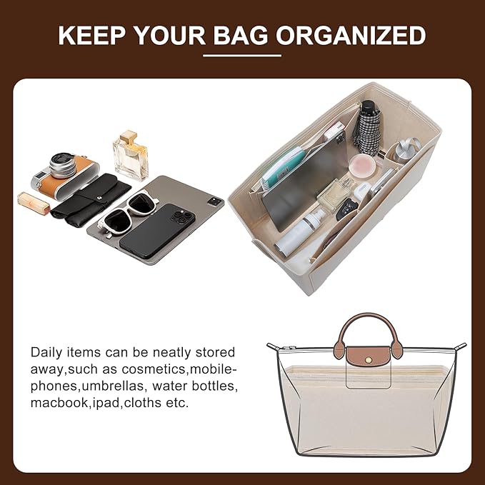 Doxo Felt Purse Organizer Insert for Longchamp Le Pliage L Travel Bag, Longchamp Orgainzer Insert Large with 9 Compartments and Zipper Water Bottle Holder, Fits Long Champ Large Bag (LT, Beige)