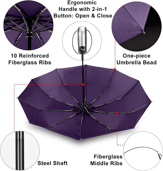 TradMall Travel Umbrella Windproof with 46 Inches Large Canopy 10 Reinforced Fiberglass Ribs Ergonomic Handle Auto Open & Close, Purple
