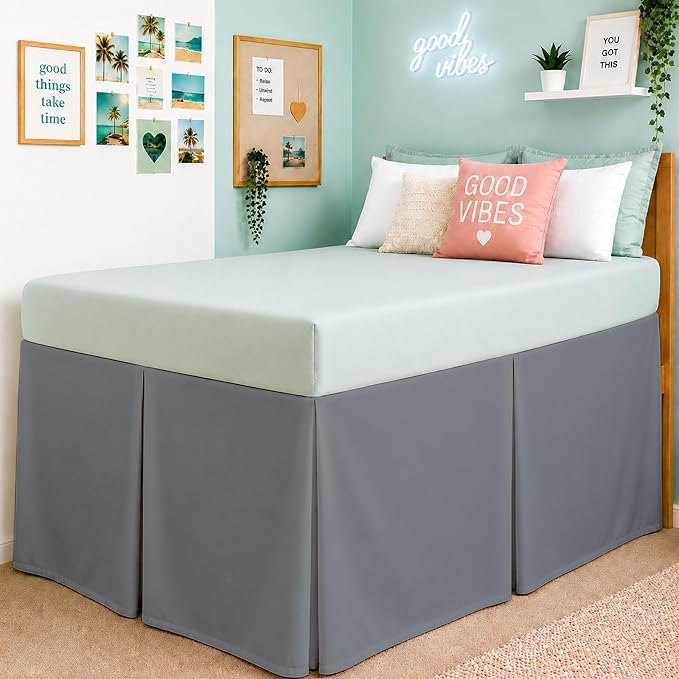 Cottington Lane Tailored Box Pleated College Dorm Bed Skirt Twin XL, Hotel Quality Premium Brushed Microfiber Extra Long Bedskirt Twin XL 42 Inch Drop, Dark Grey Dorm Bedding